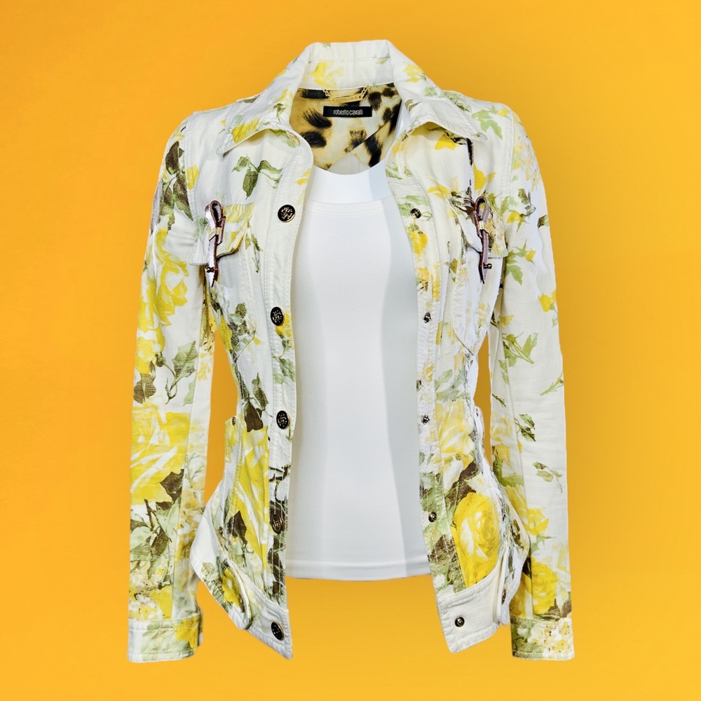 Rare Roberto Cavalli Y2K White Denim Jacket Yellow & Gold Floral Print - Size 40